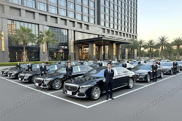 豪华轿车车队与身着西装的专属司机在酒店前列队待命,准备贵宾接送机。